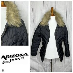 Arizona Jean Co Womens Black Quilted Puffer Jacket Faux Fur Collar Moto Style‎ M